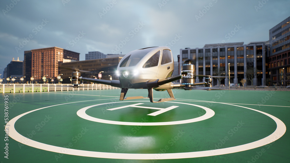 Autonomous driverless aerial vehicle fly across city, 3d render