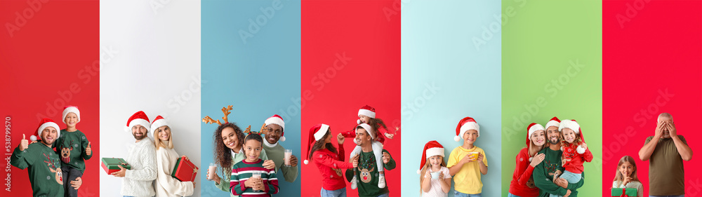 Collage of happy people on color background. Happy New Year and Merry Christmas