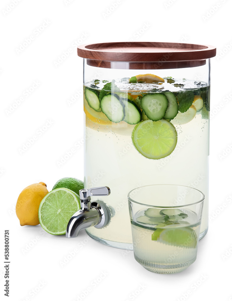 Jar and glass of delicious lemonade on white background