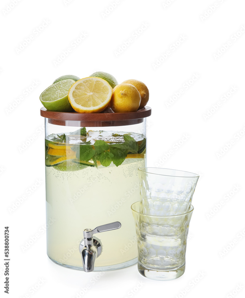 Jar of delicious lemonade on white background