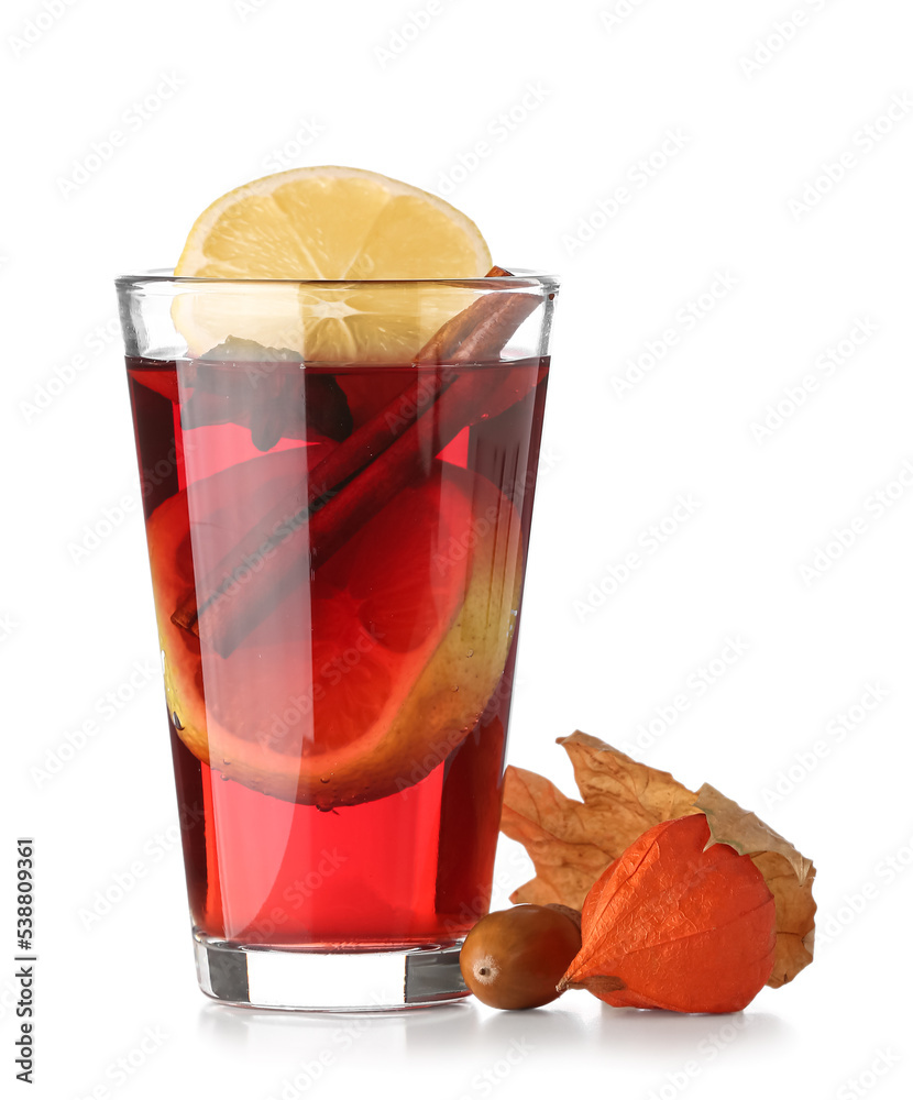 Glass of delicious tasty mulled wine on white background