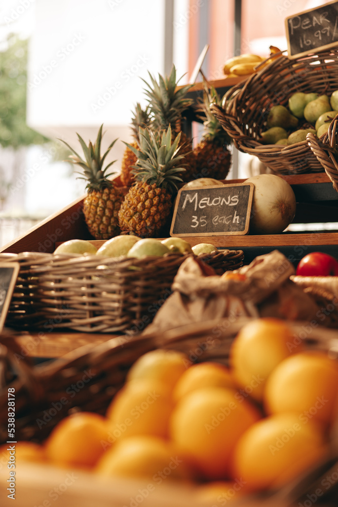 Still life shot of the fruit and vegetable aisle in a grocery store