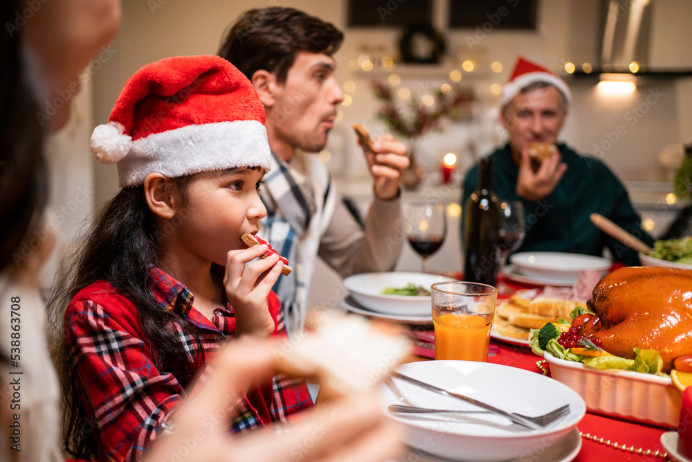 Multi-ethnic big family celebrating Christmas party together in house.