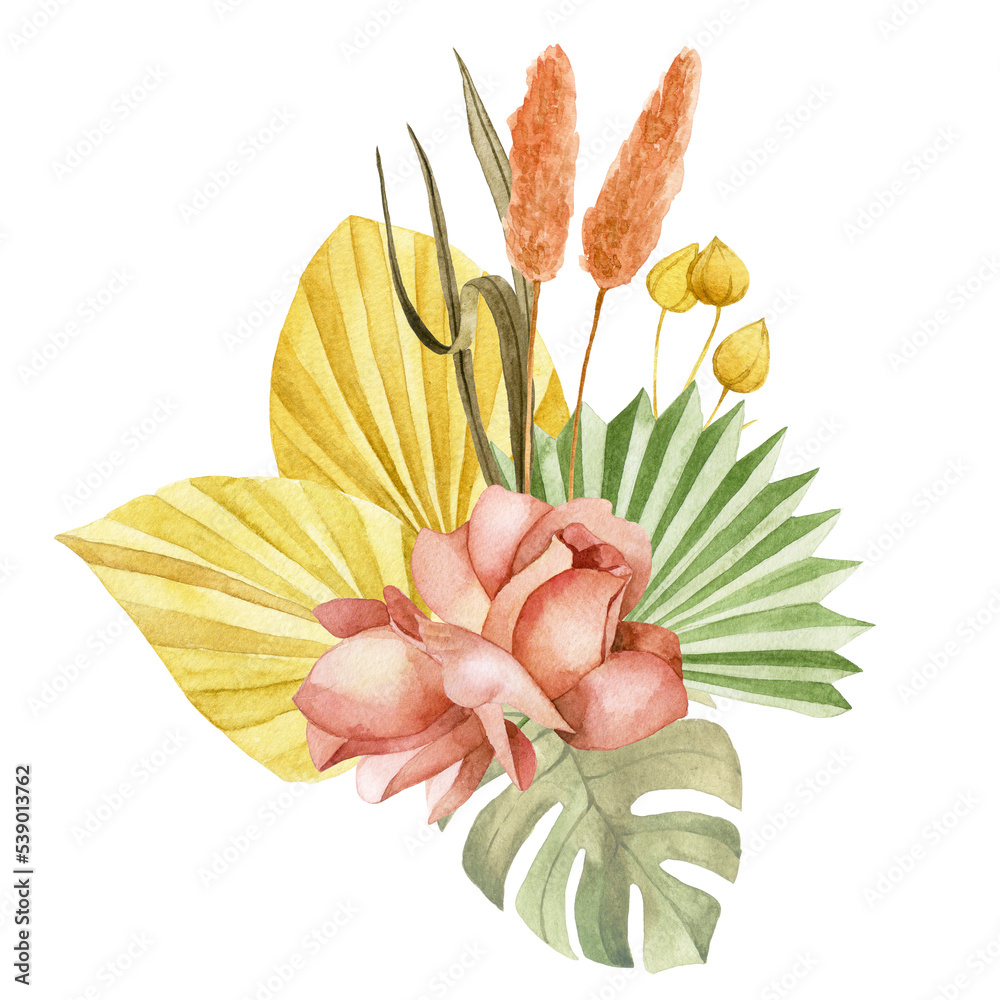 watercolor drawing. bouquet of dry tropical leaves and flowers. composition boho palm leaves