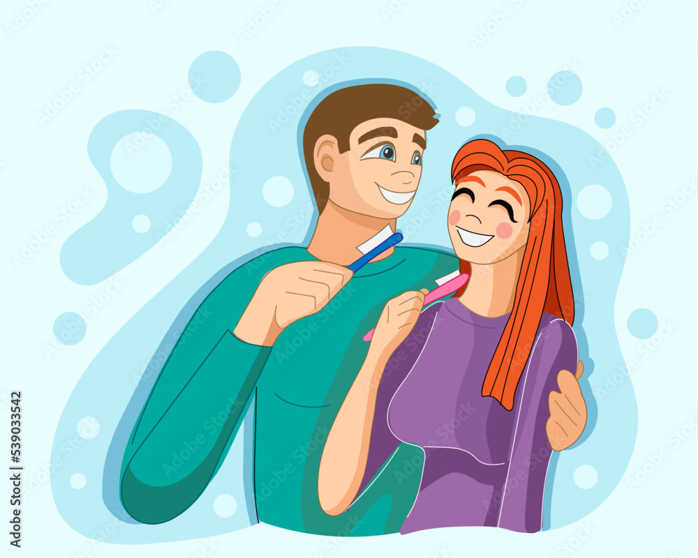 Happy couple brushing teeth on light background