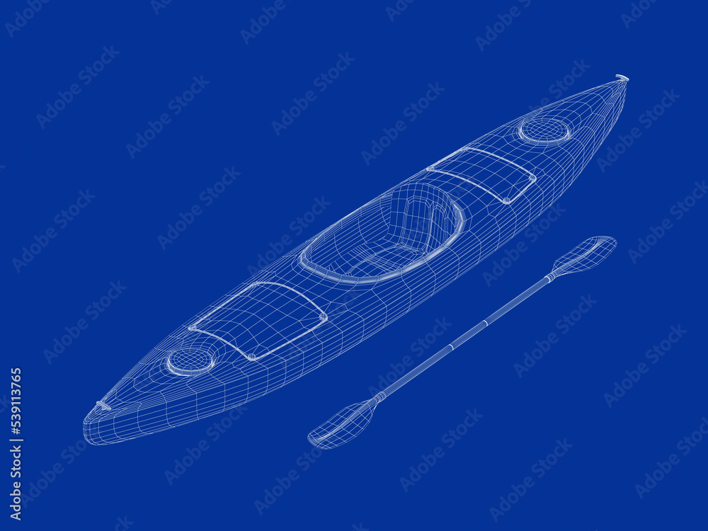 3D wire-frame model of kayak with paddle