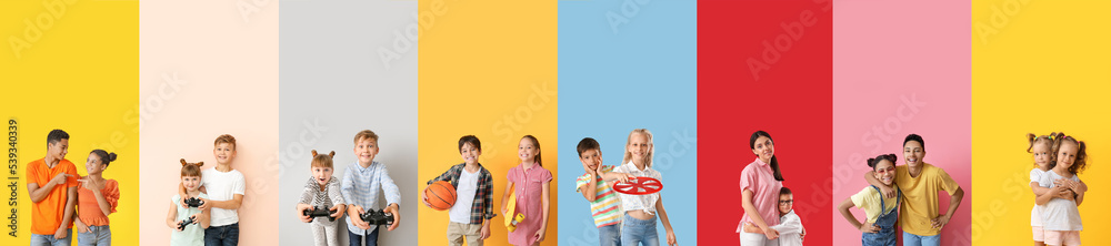 Group of happy brothers and sisters on color background