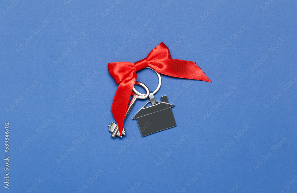 Key from new house with bow on blue background