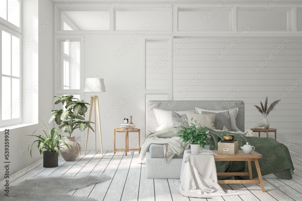 White bedroom interior. Scandinavian design. 3D illustration