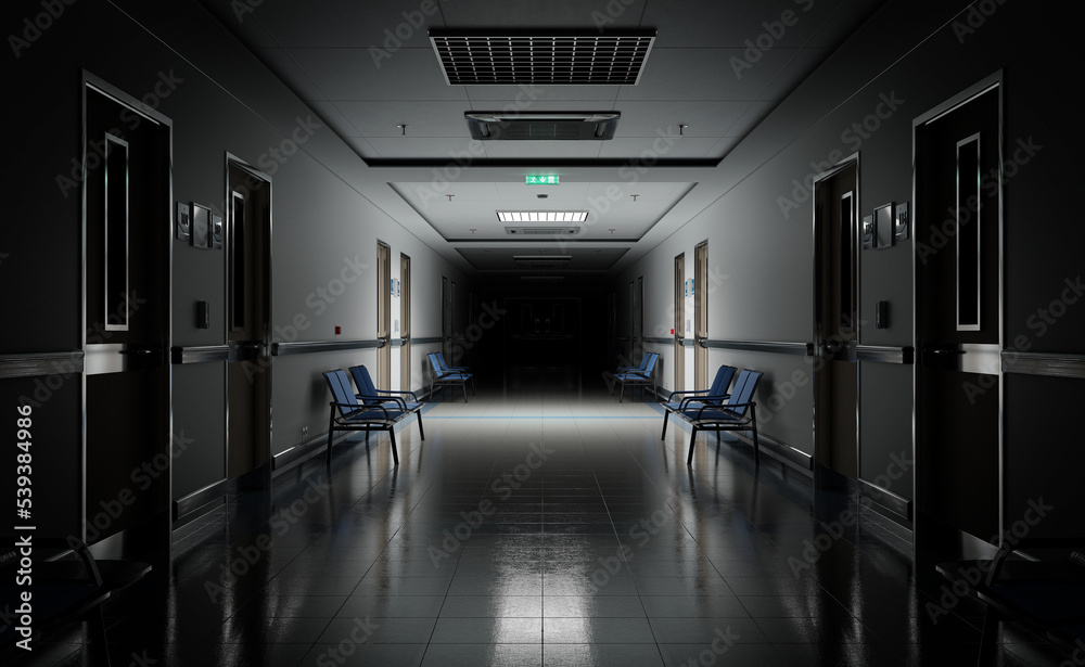 Long dark hospital corridor with rooms and seats 3D rendering. Empty accident and emergency interior