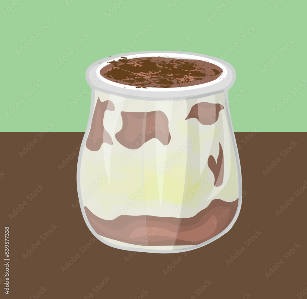 Glass jar with sweet tiramisu dessert on color background