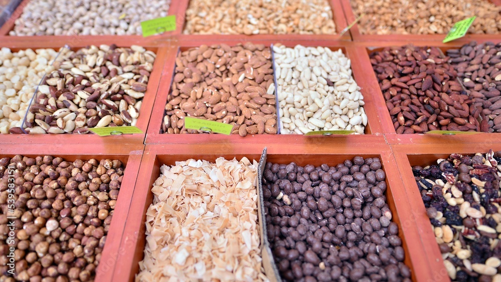 Market stall selling dried fruit and nuts