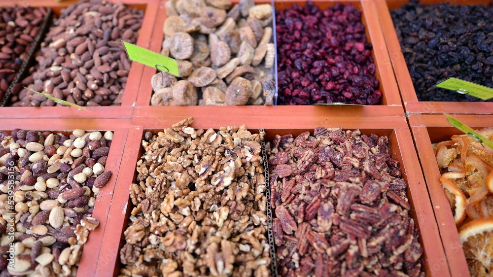 Market stall selling dried fruit and nuts