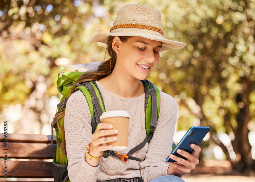 Phone, coffee and travel with a woman backpacker using 5g mobile technology for directions or naviga