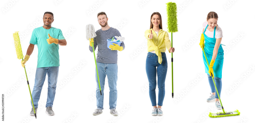 Collection of young people with mops on white background