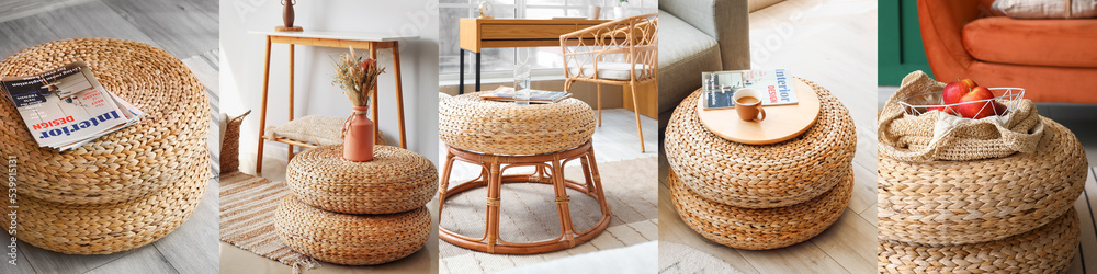 Collage of stylish rattan ottomans in interiors of rooms