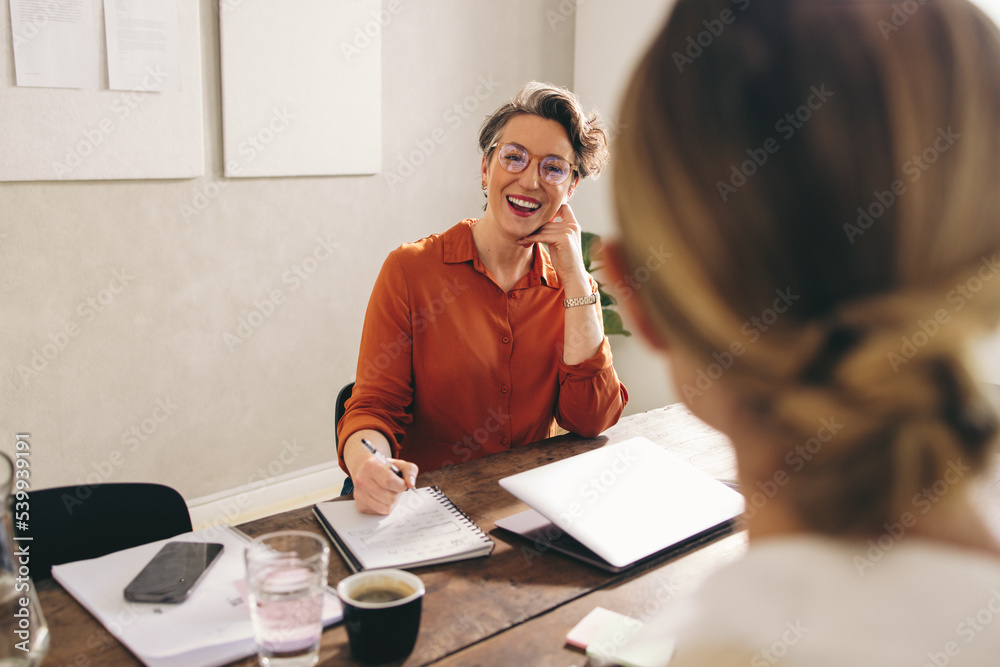 快乐的女商人在办公室面试求职者