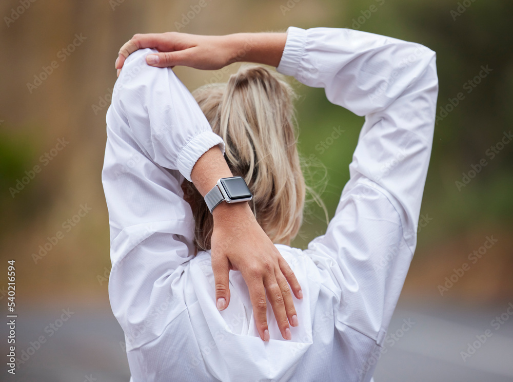 Fitness, warm up and woman stretching in the park before exercising, running and workout. Health, we