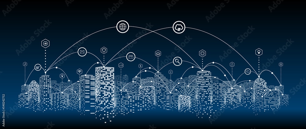 数字或智能城市中的通信，社交网络连接，商业技术概念。