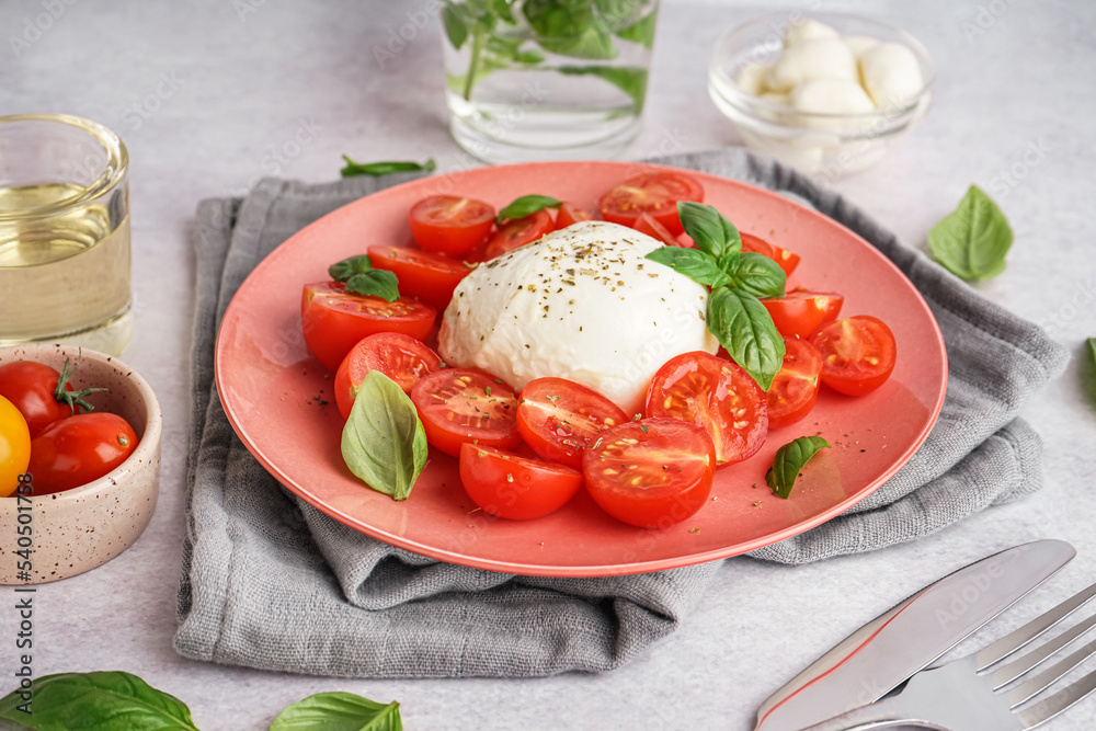 Plate with tasty mozzarella cheese and tomatoes on table