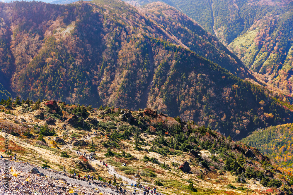 日光白根山から見える紅葉した山の風景