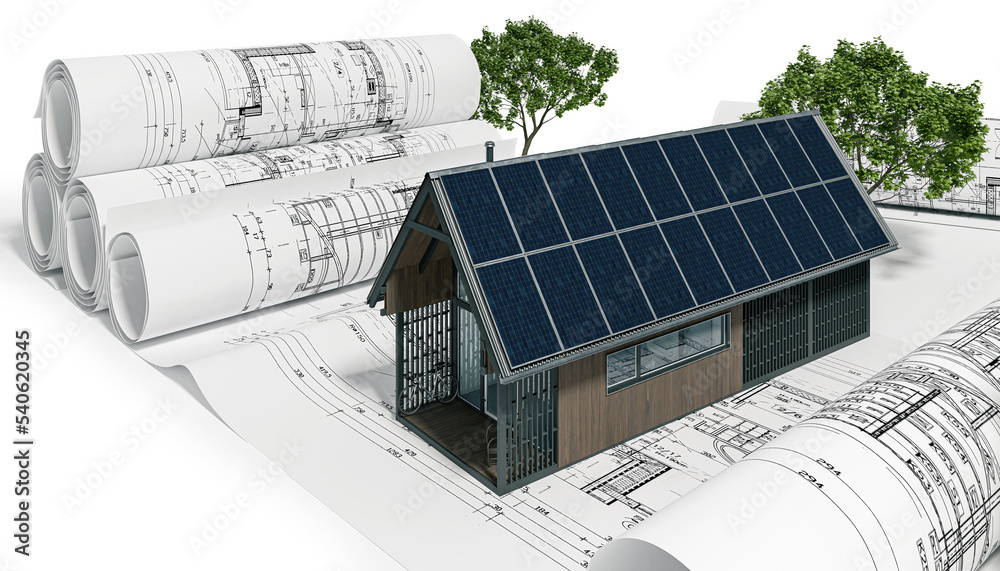 Einsatz nachhaltiger Baumaterialien an einem energieeffizienten Wochenendhaus mit Solarmodulen - 3D 