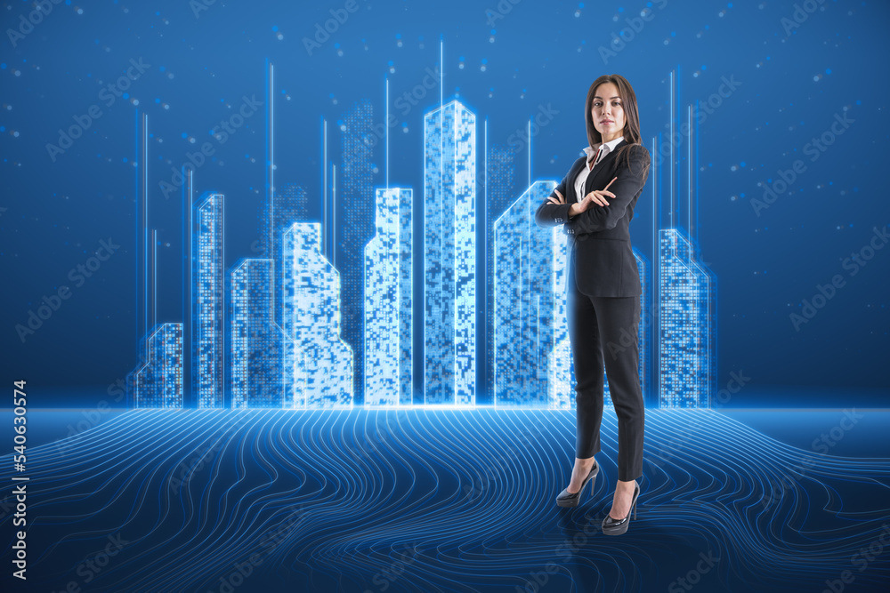 Attractive young european businesswoman standing on blue background with abstract creative pixel cit