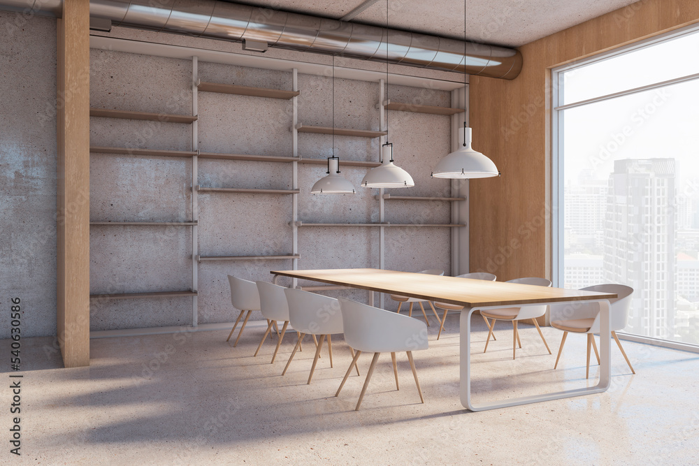 Contemporary concrete and light wooden industrial style meeting room interior with window and city v