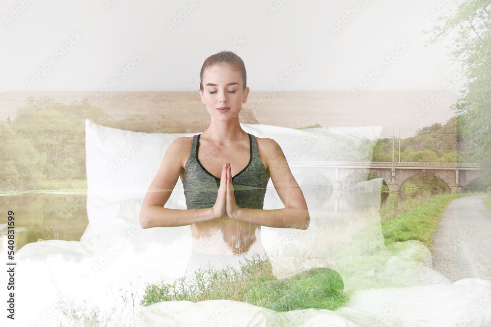 Double exposure of meditating young woman in bedroom and landscape with river