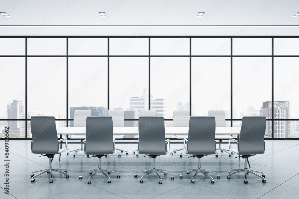 Contemporary minimalistic concrete meeting room interior with furniture, window and city view. Workp