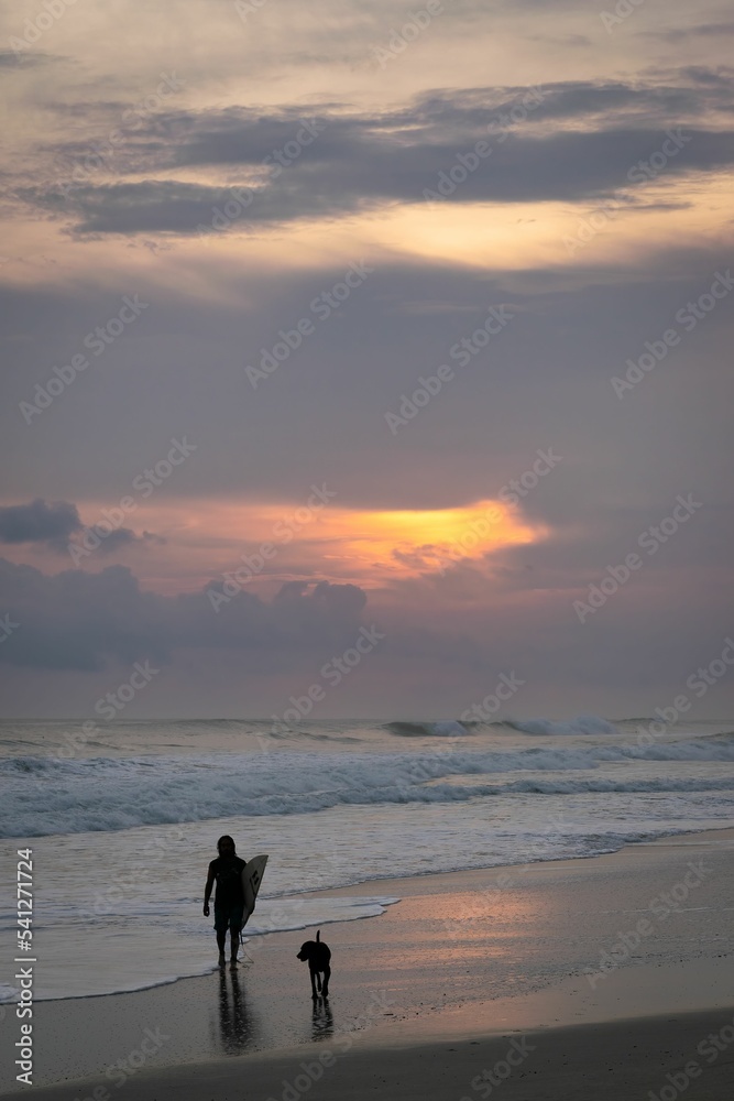 Silhuettes of a surfer and a dof walking along teh sandy beach at susnet, vertical