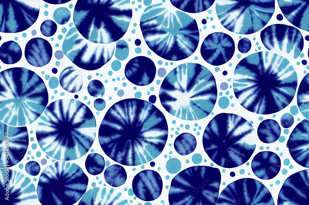 Tie dye shibori seamless pattern. Hand painted indigo blue circles on white background. Print for te