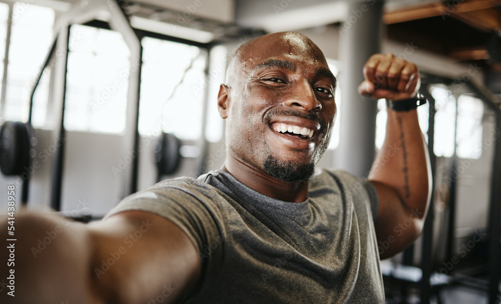 Black man, strong and fitness selfie, gym and exercise portrait, after workout and weight training, 