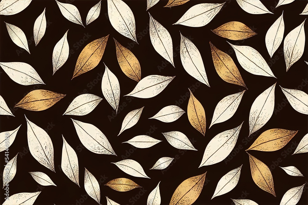 Mono print style scattered leaves seamless 2d illustrated pattern background. Simple lino cut effect