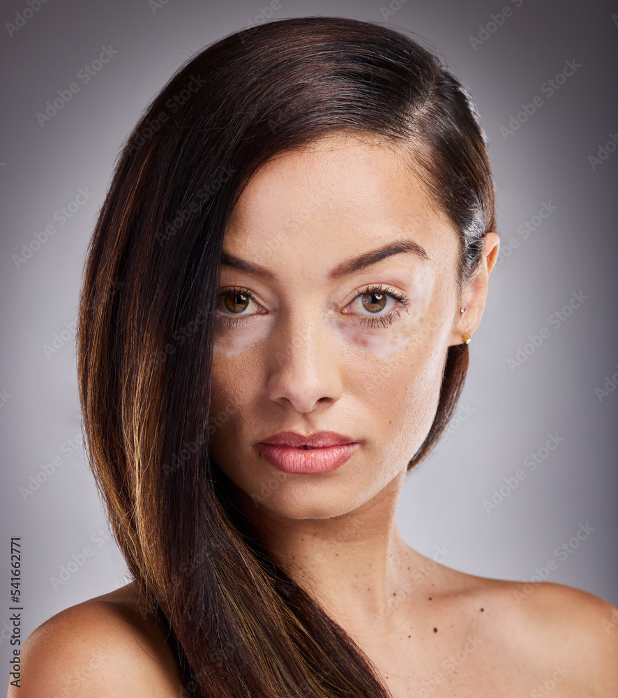 Beauty, skincare and natural hair portrait of woman in studio for makeup, cosmetics and dermatology 