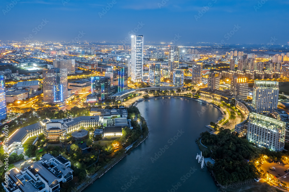 苏州月亮湾城市夜景航拍