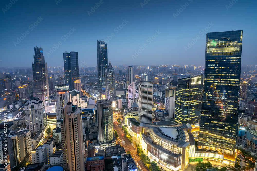 航拍无锡城市建筑天际线夜景