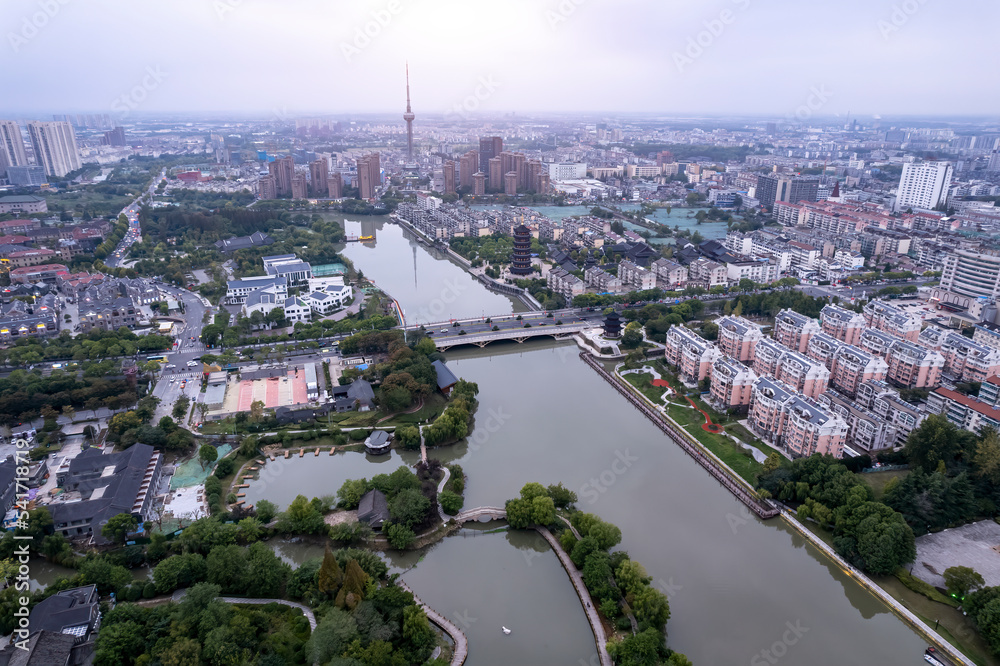 航拍中国台州城市建筑天际线