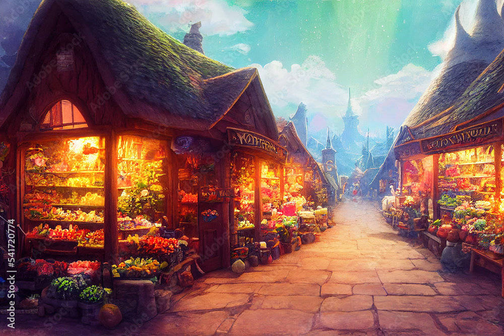 Fantasy city with bizarre lighting, spectacular digital art 3D illustration medieval fantasy flower 