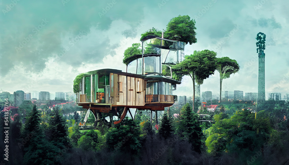 Spectacular concept art of environmental friendly modern treehouse with sustainable food and energy 