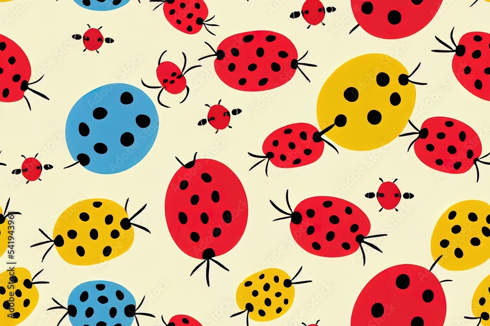 Cute kids pattern with ladybugs, seamless background, and baby shower greeting card. 2d illustrated 