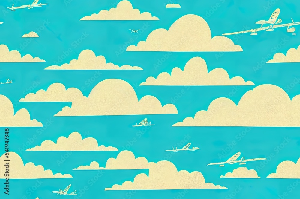 hand drawn seamless repeating children simple pattern with aircraft and clouds in Scandinavian style