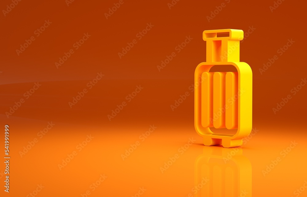 Yellow Suitcase for travel icon isolated on orange background. Traveling baggage sign. Travel luggag