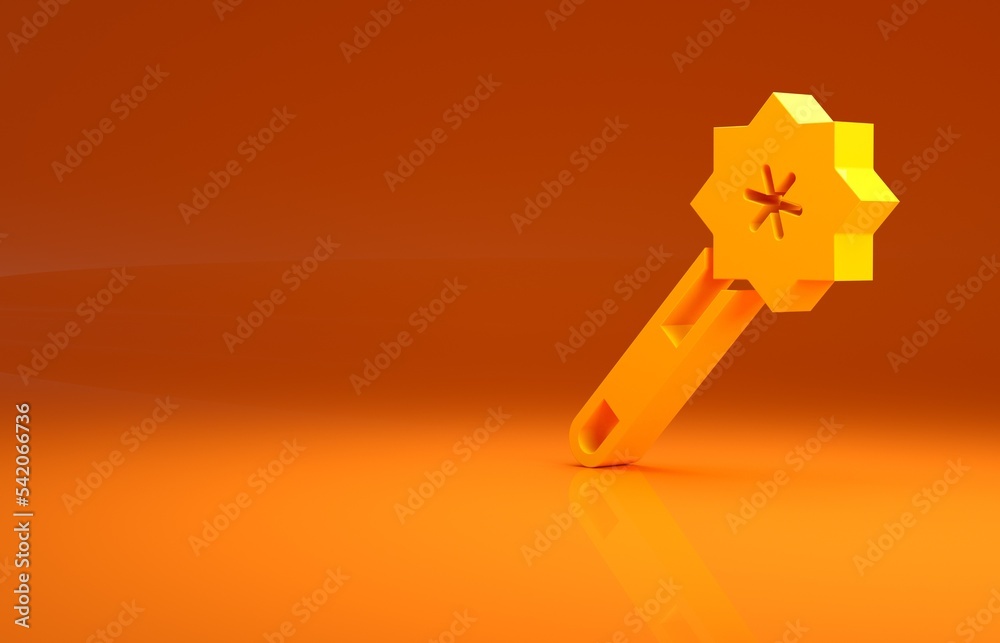 Yellow Magic wand icon isolated on orange background. Star shape magic accessory. Magical power. Min