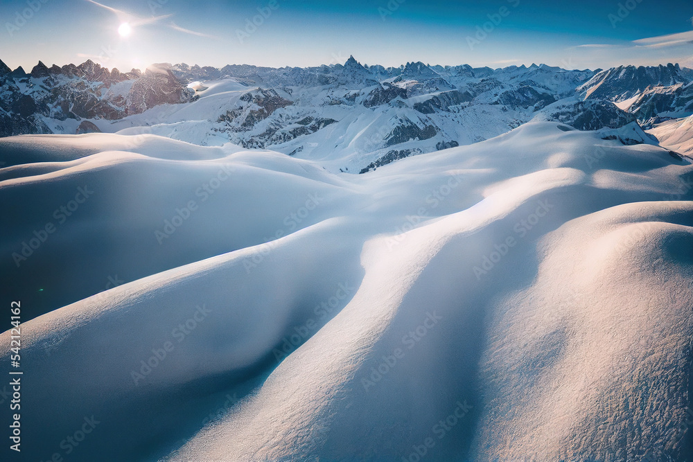 无人机拍摄的雪山鸟瞰图，展示了冬季山脉壮观的高山景观