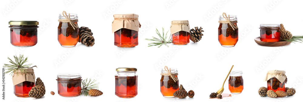 Collection of jars with tasty pine cone jam on white background