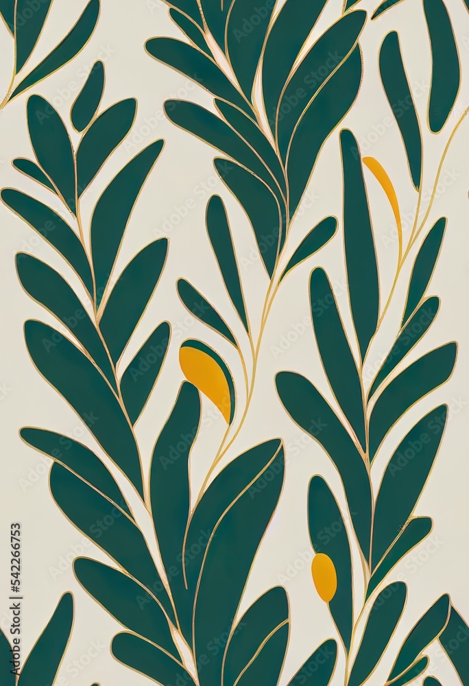 golden and green tropical leaves on a white background. Seamless pattern in the style of Jungalow an