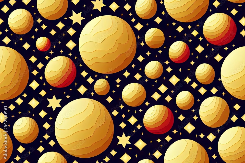 2d illustrated magic seamless pattern with gold sun, moon and stars. Mystical esoteric background fo