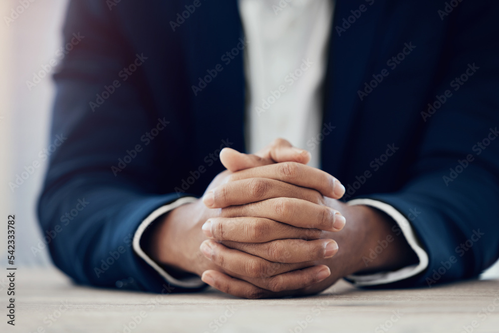 Hands, businessman and ready for company job interview with human resources manager, recruitment age