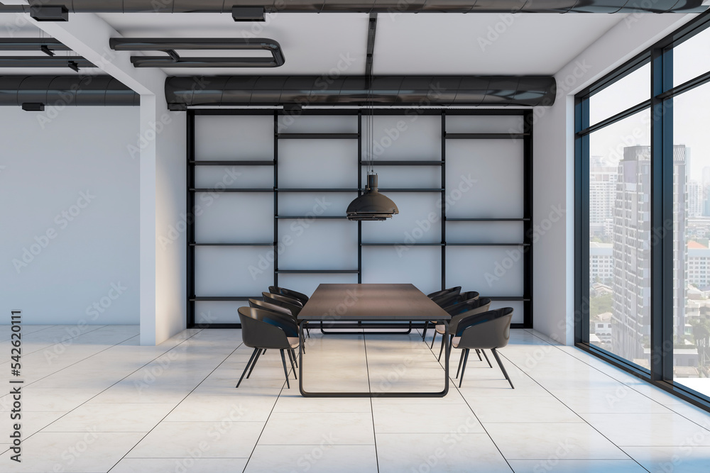 Modern concrete and dark wooden industrial style meeting room interior with panoramic window and cit